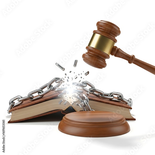 A wooden gavel smashes through chains binding an open book, symbolizing the liberation of knowledge.