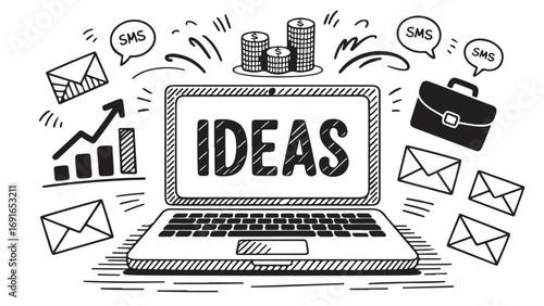 Boost Your Business:  Laptop Sketch Exploding with Ideas, Growth, and Communication
