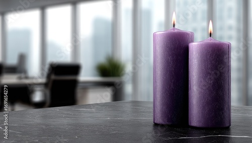 Two purple candles on a dark stone surface, office background