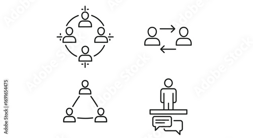 Vector illustration of collection of five line art icons illustrating different aspects of teamwork and communication