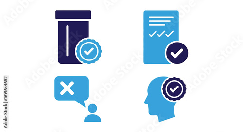 Vector illustration of collection of four flat design icons symbolizing approval, rejection, and mental state