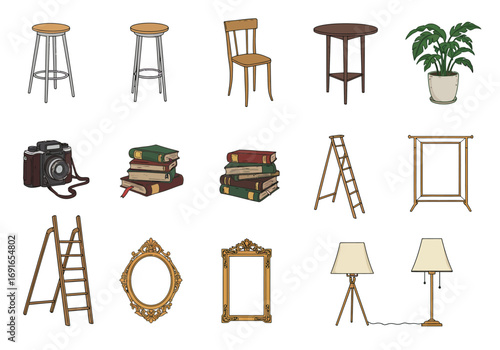 Collection of Furniture, Decor, and Objects: Stools, Chairs, Tables, Camera, Books, Ladders, Frames, Lamps, and Potted Plant