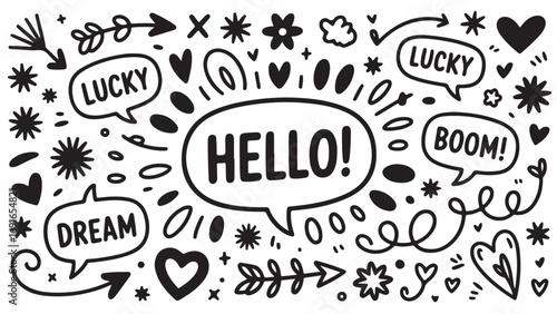 Hand-Drawn Doodle Set: Hello, Dream, Lucky, Boom! - Vector Graphics for Design Projects