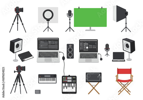 Illustration of Video Production and Music Creation Equipment in a Studio Setting