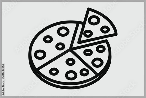 Pizza with Slice Removed, Art with Pepperoni Outlines on White Background