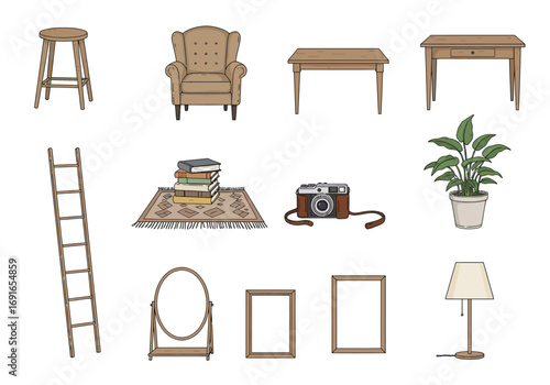 Collection of Illustrated Furniture and Home Decor Elements on White Background