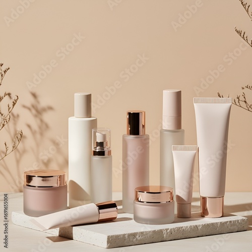 Stylish cosmetics on a gentle backdrop to promote skincare and create a spa-like atmosphere.