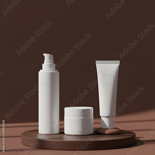 Cosmetic Product Set for Healthcare and Beauty on a Brown Background
