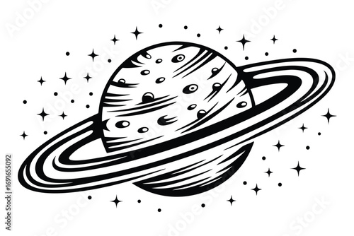 Planet with Rings Art on White Background with Star and Dots