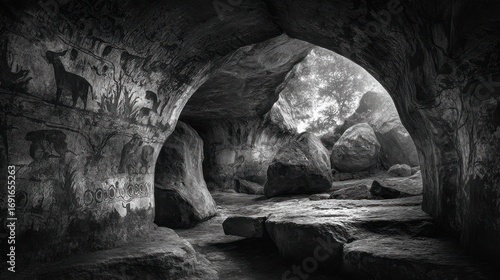 Wallpaper Mural Monochrome photograph of a cave interior, featuring ancient rock art depicting animals and a light-filled arched entrance Torontodigital.ca