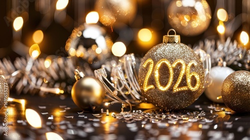 Golden Christmas Ornament with 2026 Numerals Surrounded by Sparkling Decorations and Lights