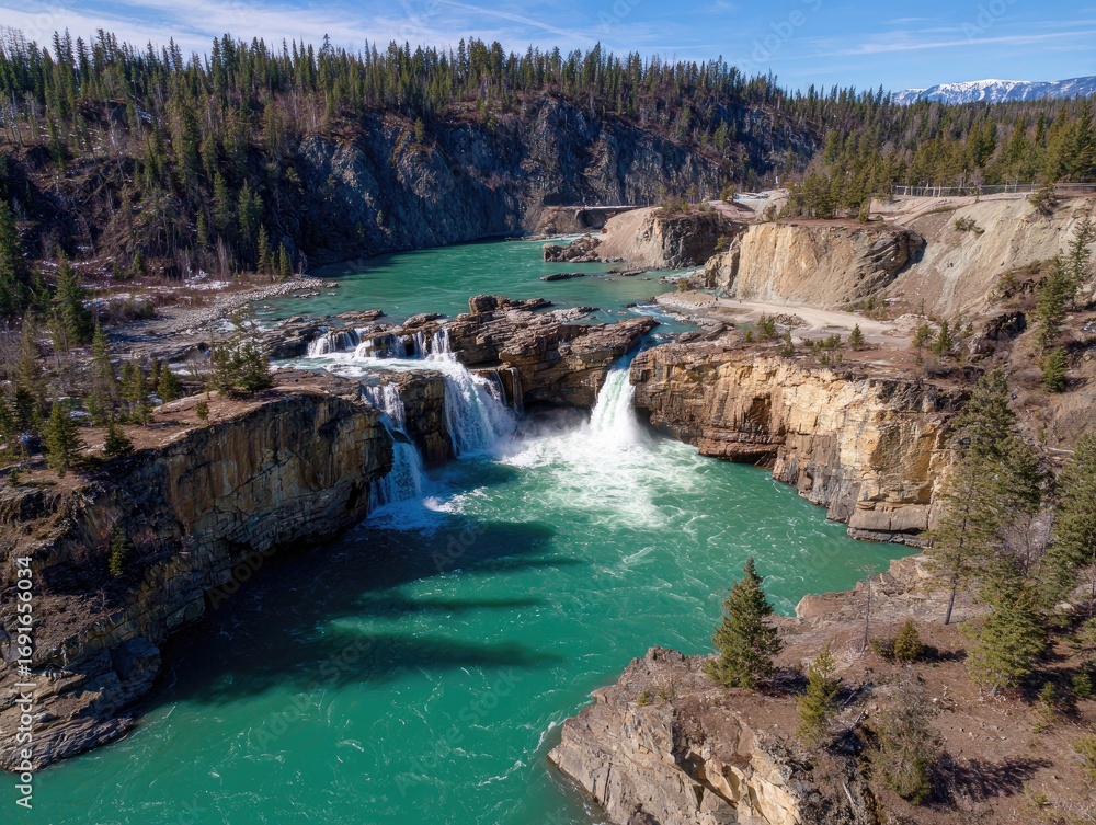 Fototapeta premium Canyon river falls, turquoise water, pine trees