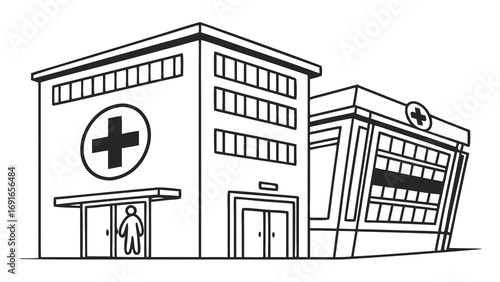 Modern Hospital Building with Medical Symbol Entrance.
