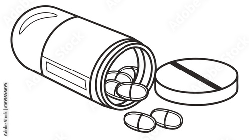 Pill bottle with spilled pills and a single tablet illustration.
