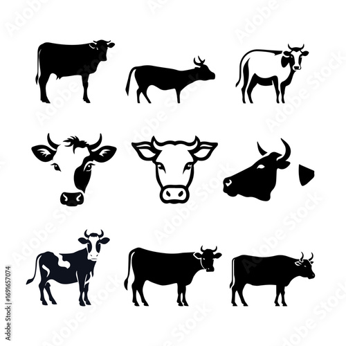 Cow Silhouette and Face Vector Set – Farm Animal Illustration Icons