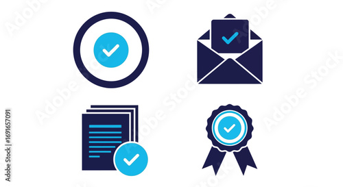 Vector illustration of set of four blue and dark blue icons representing approval, verification, and confirmation