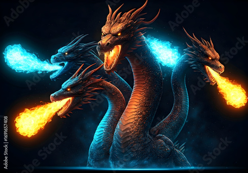 Four headed Dragon Unleashes Fiery and Icy Breath Attacks on a Dark, Cosmic Background