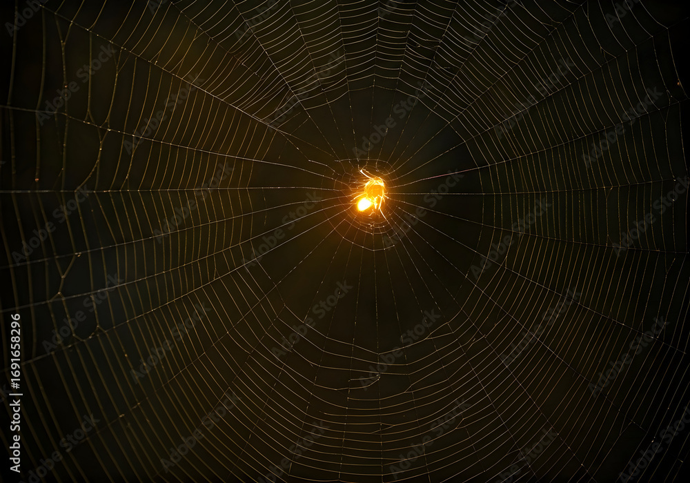 Naklejka premium Intricate Spiderweb Illuminated by Golden Light with a Spider at Its Center, Creating a Striking Visual Contrast