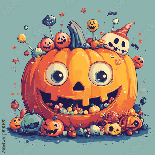 halloween monsters filling carved pumpkin with candies and sweets , vector style simple color