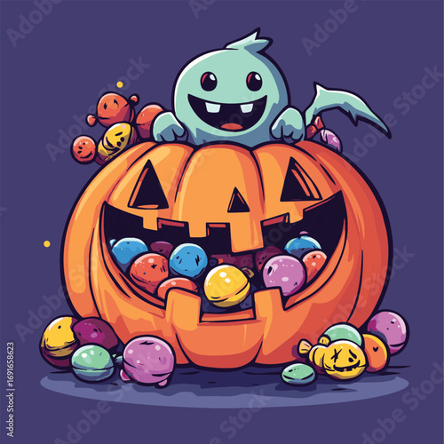 halloween monsters filling carved pumpkin with candies and sweets , vector style simple color