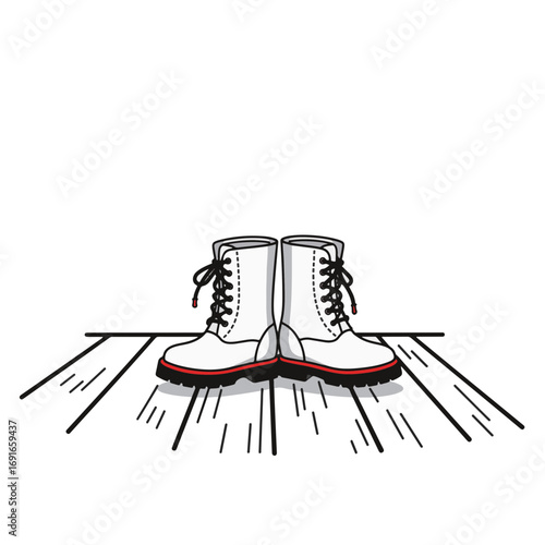 Stylish toddler boots standing on wooden floor, playful minimalism