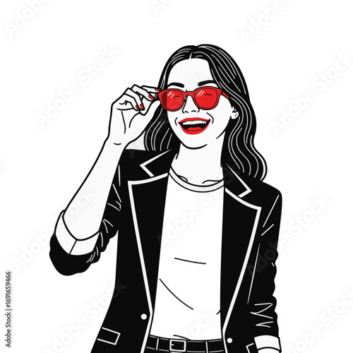 Joyful woman laughing while trying on sunglasses, minimalist style