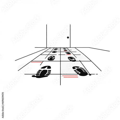 Minimalist black and white footprints on tile floor, modern concept