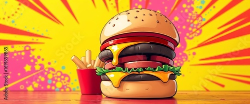 Vibrant cartoon burger with melting cheese, wavy fries, and bold colors on a pop art background, summer, dinner