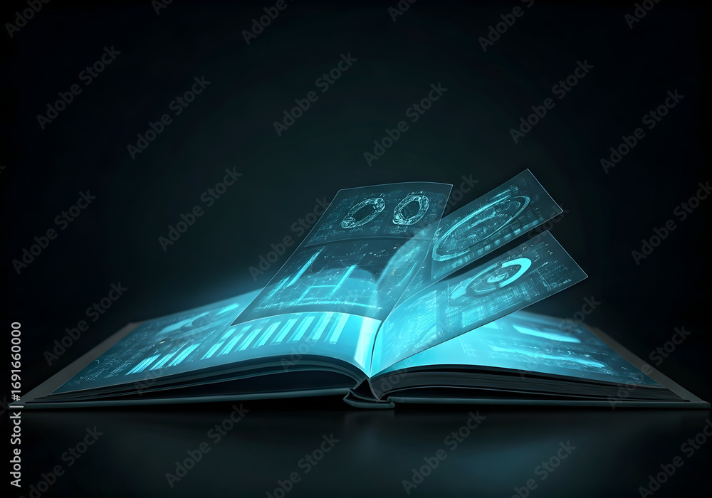 custom made wallpaper toronto digitalFuturistic Open Book Emitting Glowing Blue Data Streams and Digital Interfaces Against a Dark Background