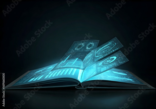 Wallpaper Mural Futuristic Open Book Emitting Glowing Blue Data Streams and Digital Interfaces Against a Dark Background Torontodigital.ca