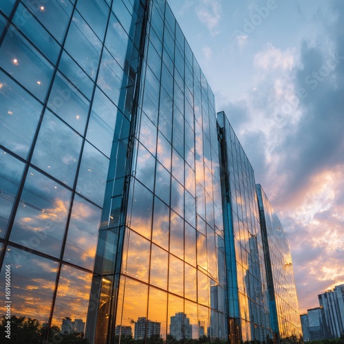 Reflective Glass Building Facade with Colorful Sunset Sky