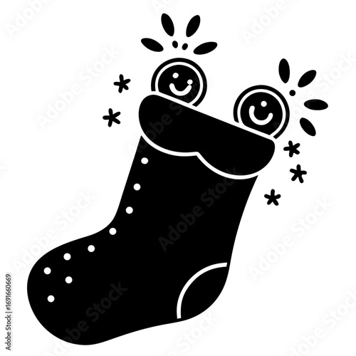 Festive christmas stocking brimming with smiling coin gifts spreading holiday cheer and happiness in black and white