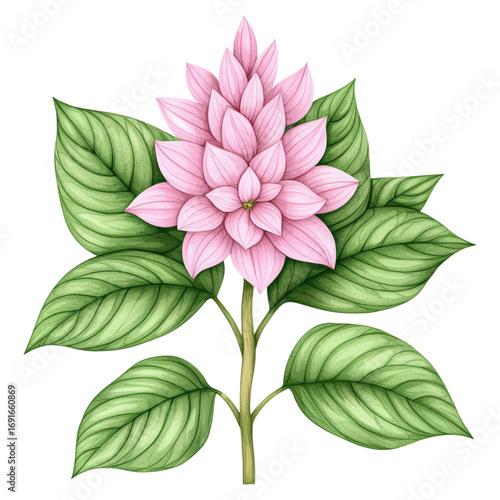 Delicate Pink Flower with Green Leaves on Elegant Stem in Detailed Botanical Illustration Style, isolated on transparent background.