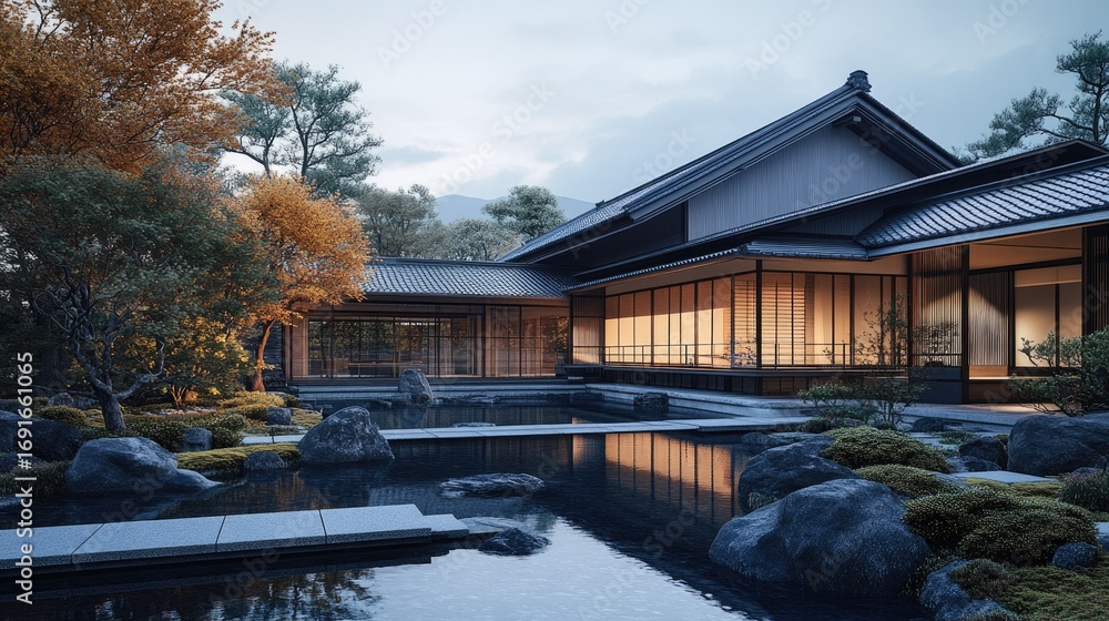 Obraz premium Serene Japanese House in Autumn Garden