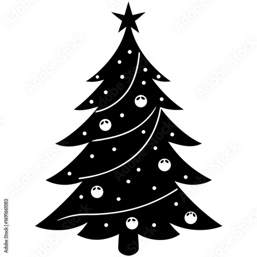 Monochrome Christmas Tree Illustration with Star Ornament and Decorations Holiday Season Design for Backgrounds and Templates