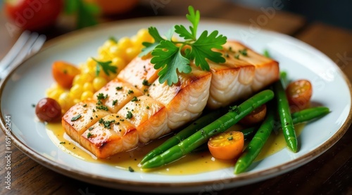 A delectable dish featuring pan-seared fish fillet, complemented by vibrant corn kernels, tender green beans, and glistening sauce.