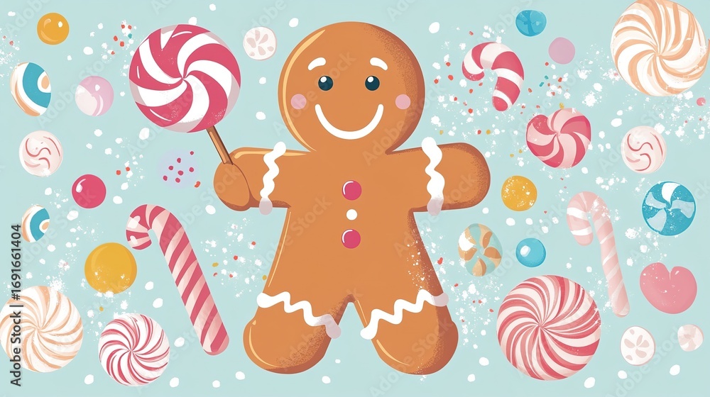 Naklejka premium Cute Cartoon Gingerbread Man Smiling Holding Lollipop Surrounded by Gumdrops and Candy Canes, Pastel Background, Vector Illustration