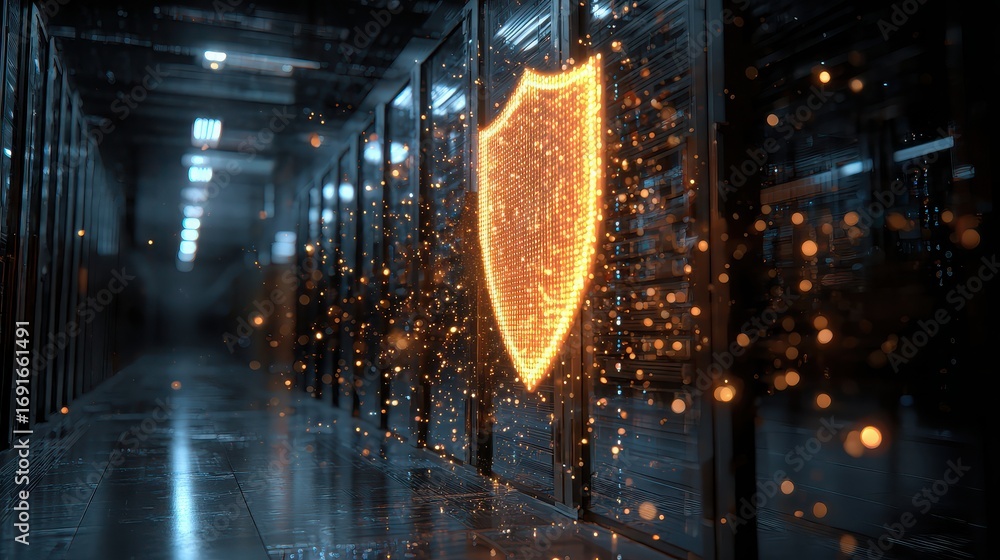 Obraz premium Digital shield in server room, data protection and cyber security concept