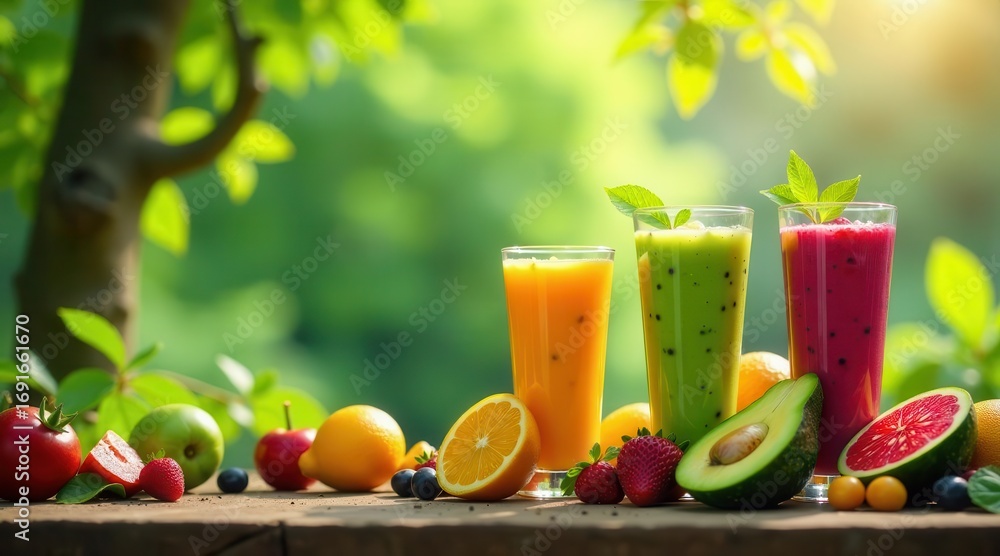 Fototapeta premium Refreshing Fruit Smoothies in a Sunny Garden Setting