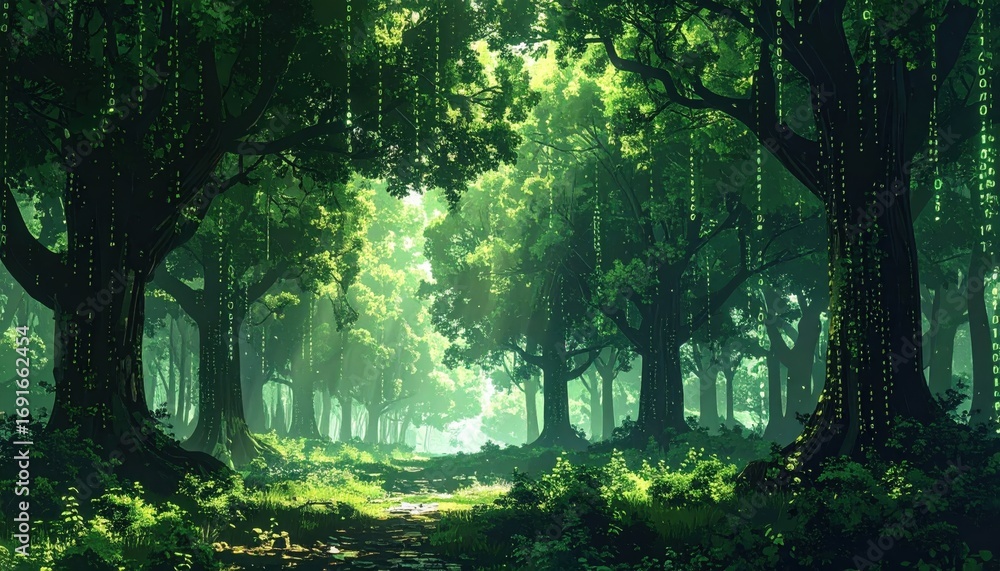 Naklejka premium A lush, digital forest path, bathed in soft sunlight, showcases binary code cascading from the trees.