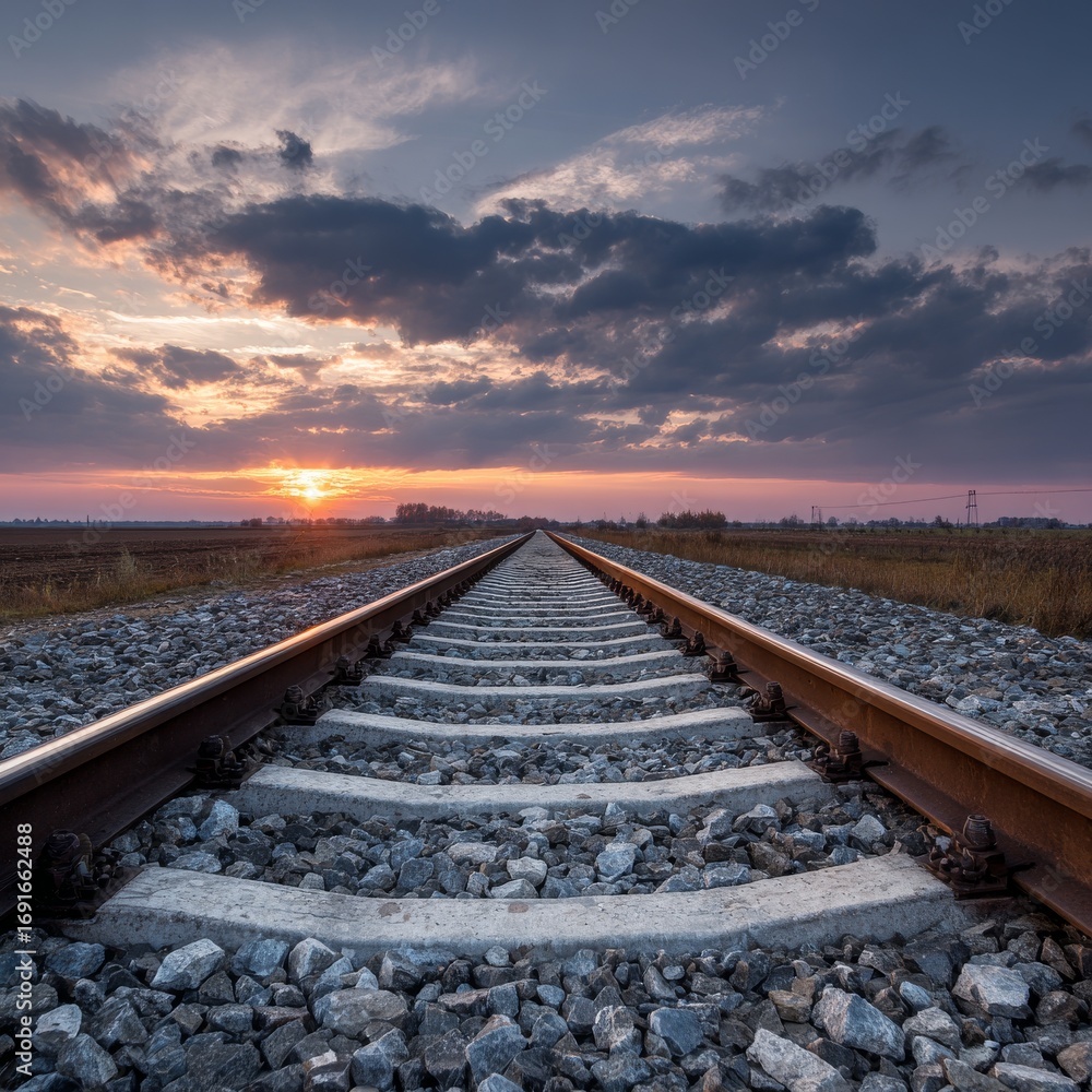 Fototapeta premium Sunset Over Train Tracks with Dramatic Sky and Landscape View