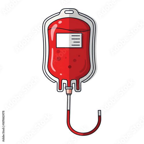 A cartoon illustration of a medical blood bag filled with red liquid for donation or transfusion, isolated on a white background.