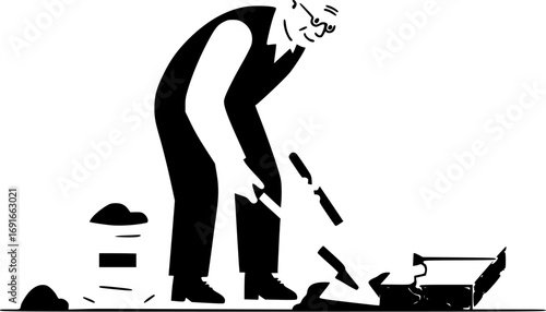 A vintage illustration of a man, engrossed in tinkering, with tools strewn around him. He's focused on his work, with a toolbox and various items. The classic imagery evokes nostalgia