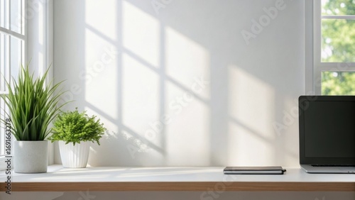 Minimalist workspace featuring natural light, plants, and a laptop on a clean surface, creating a calm and productive atmosphere.
