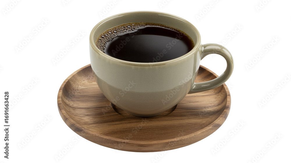 Fototapeta premium Fresh Black Coffee in Ceramic Mug on Wooden Saucer Isolated on White Background, Hot Espresso or Americano for Breakfast and Morning Energy
