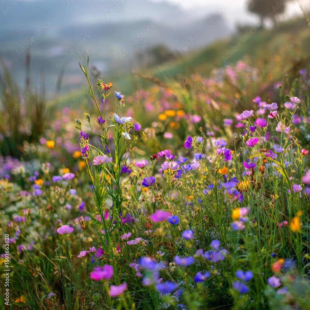 Obraz premium Vibrant Wildflower Meadow in Springtime with Soft Morning Light
