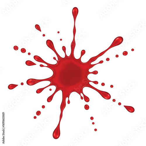 A vibrant red ink splatter with multiple droplets radiating outwards on a white background.