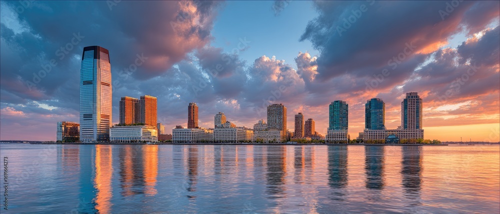 Fototapeta premium City skyline at sunset over water