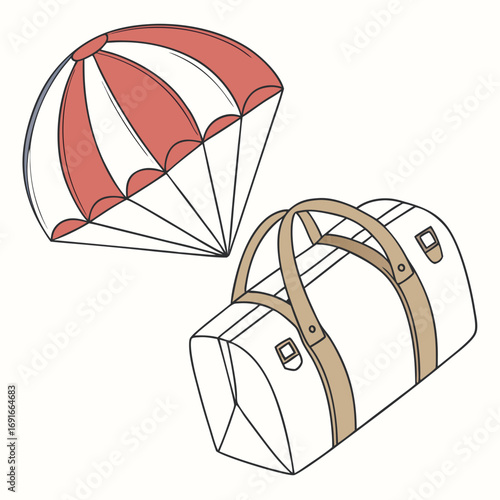 Illustration of a parachute and duffel bag