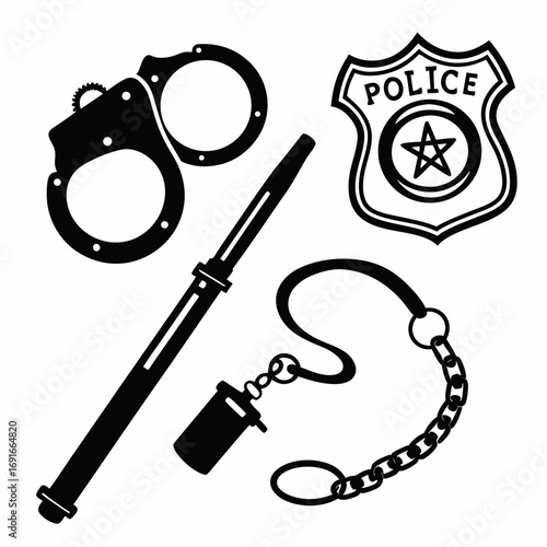 Police equipment in black and white drawing